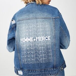 NEW Cotton On Denim Jacket Femme Fierce Graphic Worn In Statement Denim Jacket